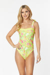 ONE PIECE BATHING SUIT FLORAL PRINT SHOULER TOP TI - KOKOTETE