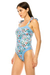 ONE PIECE BATHING SUIT FLORAL PRINT SHOULER TOP TI - KOKOTETE