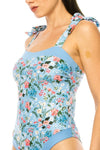 ONE PIECE BATHING SUIT FLORAL PRINT SHOULER TOP TI - KOKOTETE