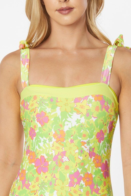 ONE PIECE BATHING SUIT FLORAL PRINT SHOULER TOP TI - KOKOTETE