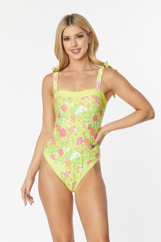 ONE PIECE BATHING SUIT FLORAL PRINT SHOULER TOP TI - KOKOTETE