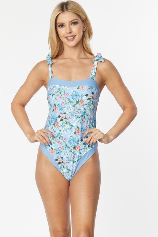 ONE PIECE BATHING SUIT FLORAL PRINT SHOULER TOP TI - KOKOTETE