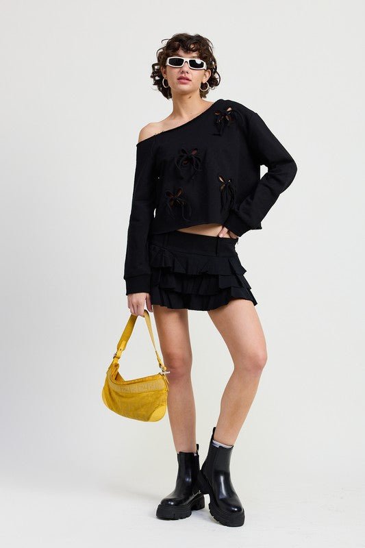 ONE SHOULDER FRENCH TERRY TOP WITH CUTOUT DETAIL - KOKOTETE