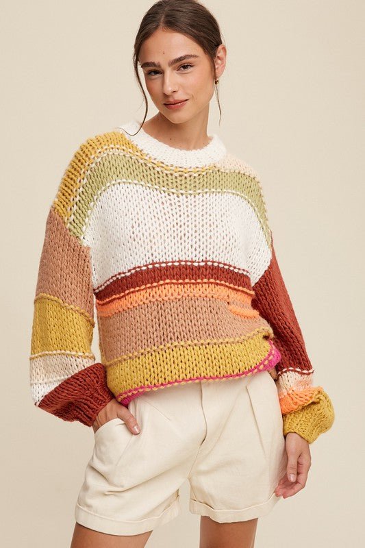 Open Mixed Knit Slouchy Hand Crochet Sweater - KOKOTETE