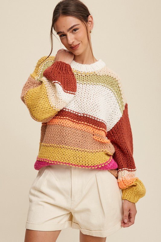 Open Mixed Knit Slouchy Hand Crochet Sweater - KOKOTETE