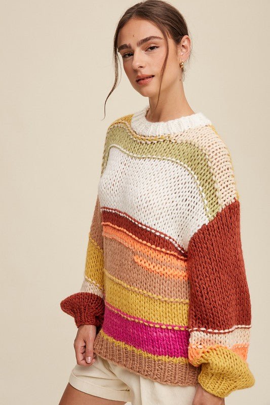 Open Mixed Knit Slouchy Hand Crochet Sweater - KOKOTETE