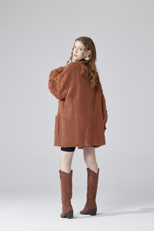 Oversized Pompom Sleeve Cardigan - KOKOTETE