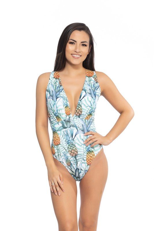 PINEAPPLE PRINT V NECKLINE ONE PIECE SWIMSUIT - KOKOTETE