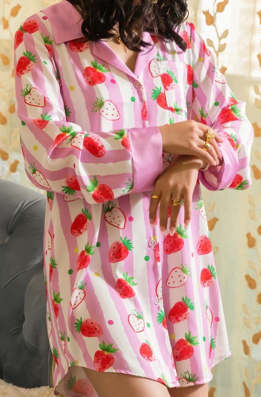 PINK STRAWBERRY STRIPED SLEEP SHIRT - KOKOTETE