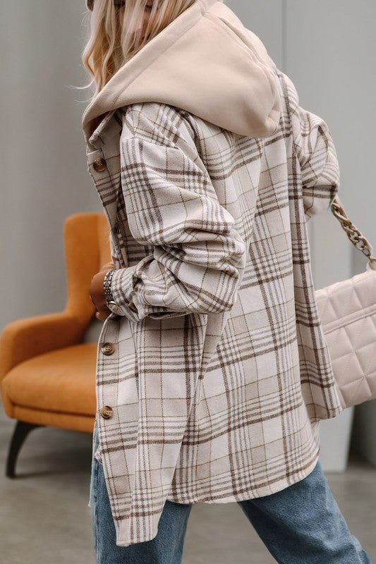 Plaid Removable Hood Buttoned Shacket - KOKOTETE