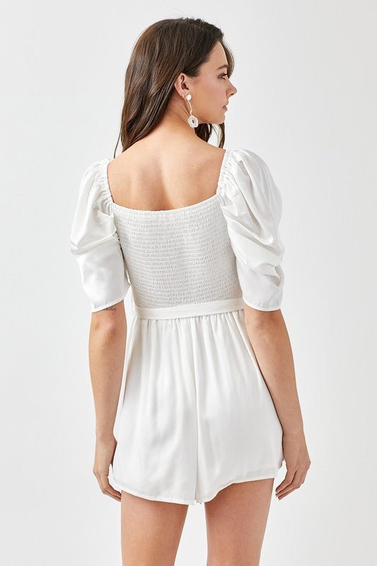 Pleated Puff Sleeve Overwrap Romper - KOKOTETE