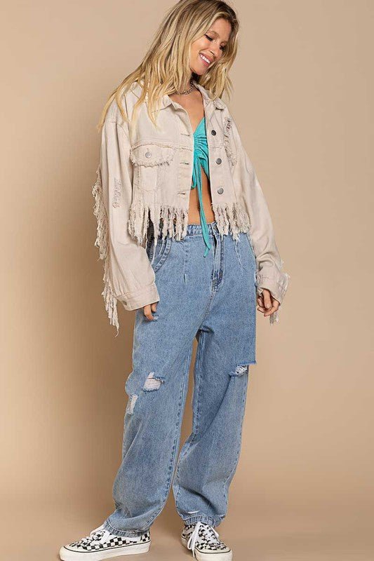 Plus Fringe - Detailed Cropped Denim Jacket - KOKOTETE