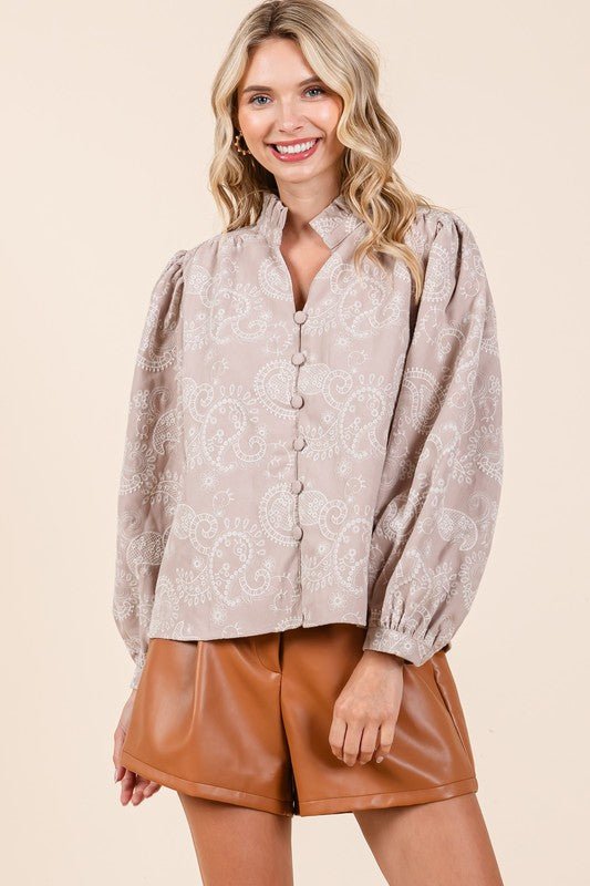 Plus Paisley Eyelet Laced Button - Up Blouse - KOKOTETE