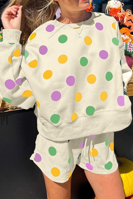 Polka Dot Pullover and Drawstring Shorts Set - KOKOTETE