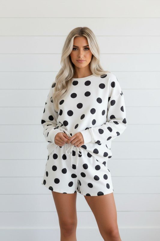 Polka Dot Pullover and Drawstring Shorts Set - KOKOTETE