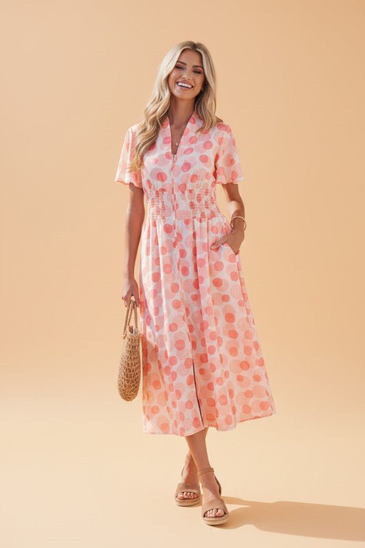 Polka Dot Ruffle Zip Up Short Sleeve Midi Dress - KOKOTETE