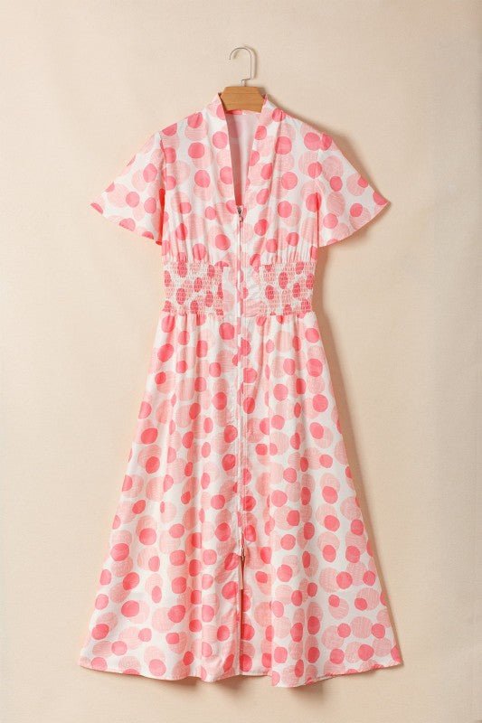 Polka Dot Ruffle Zip Up Short Sleeve Midi Dress - KOKOTETE