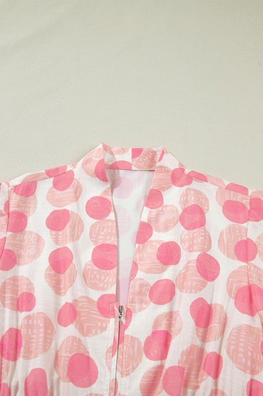 Polka Dot Ruffle Zip Up Short Sleeve Midi Dress - KOKOTETE