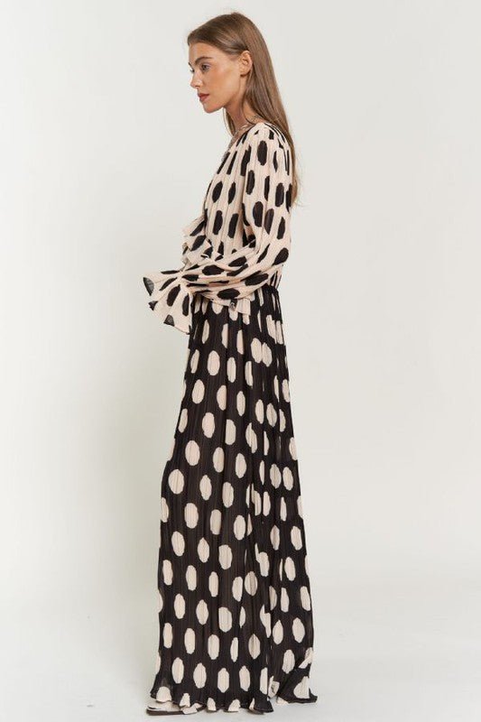 Polka Dot Ruffled Long Sleeve Pleated Maxi Dress - KOKOTETE
