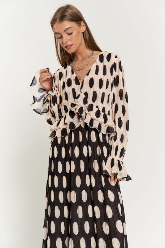 Polka Dot Ruffled Long Sleeve Pleated Maxi Dress - KOKOTETE