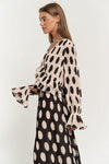 Polka Dot Ruffled Long Sleeve Pleated Maxi Dress - KOKOTETE