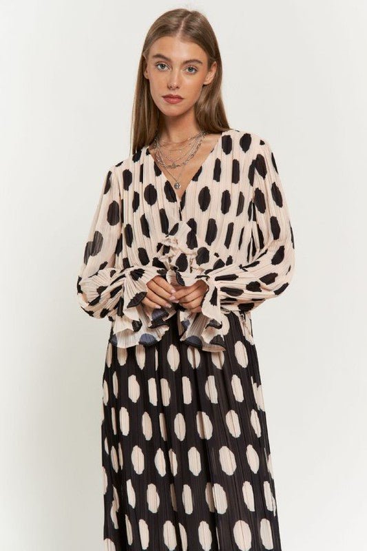 Polka Dot Ruffled Long Sleeve Pleated Maxi Dress - KOKOTETE