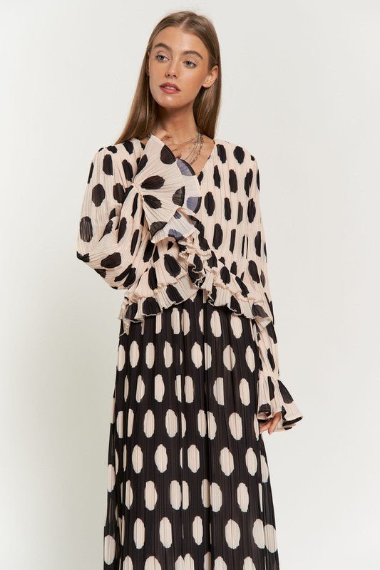 Polka Dot Ruffled Long Sleeve Pleated Maxi Dress - KOKOTETE