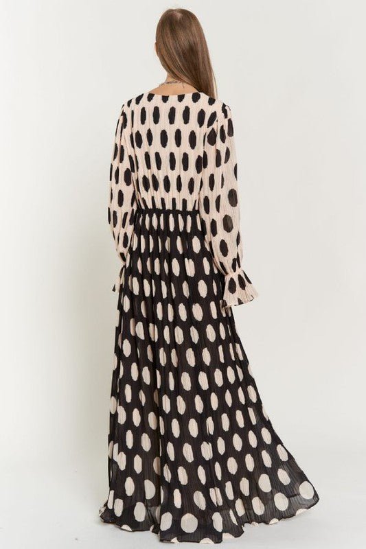 Polka Dot Ruffled Long Sleeve Pleated Maxi Dress - KOKOTETE