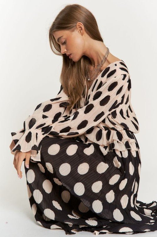 Polka Dot Ruffled Long Sleeve Pleated Maxi Dress - KOKOTETE