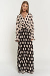 Polka Dot Ruffled Long Sleeve Pleated Maxi Dress - KOKOTETE