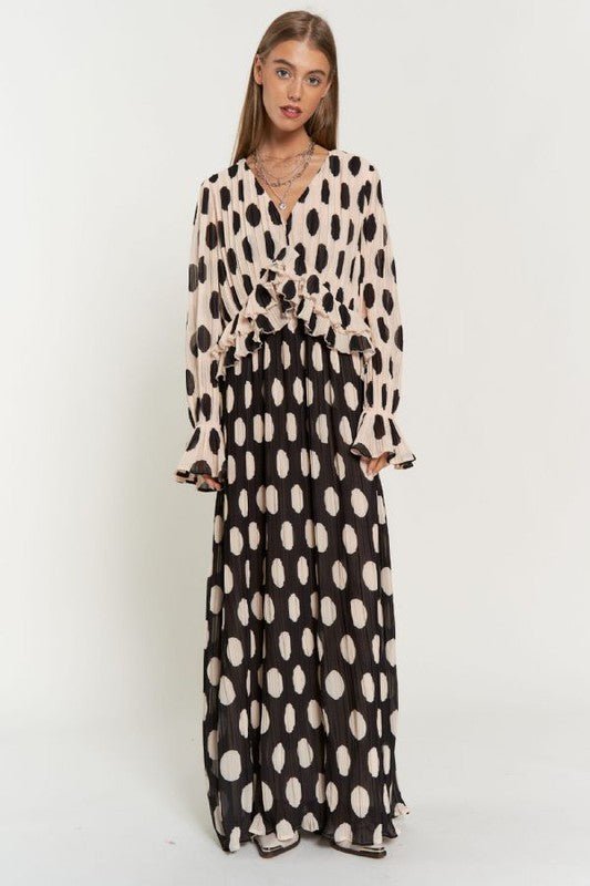 Polka Dot Ruffled Long Sleeve Pleated Maxi Dress - KOKOTETE