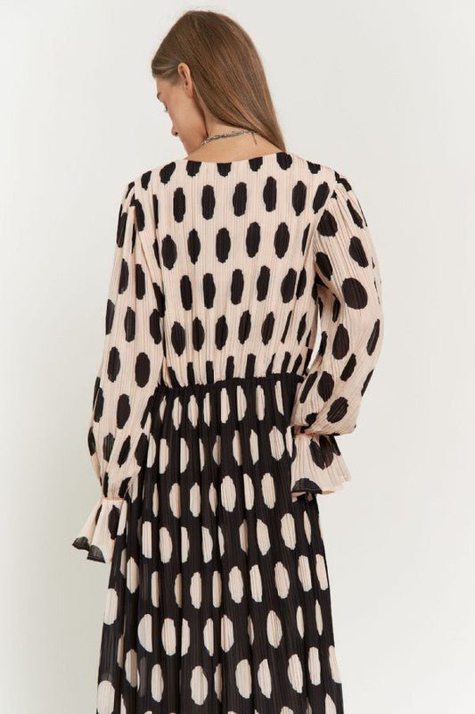 Polka Dot Ruffled Long Sleeve Pleated Maxi Dress - KOKOTETE
