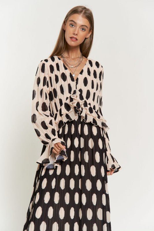 Polka Dot Ruffled Long Sleeve Pleated Maxi Dress - KOKOTETE