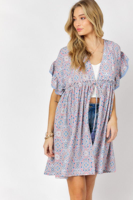 Printed Short Sleeve Ruffle Kimono - KOKOTETE