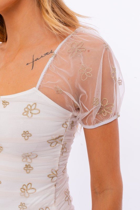Puff Sleeve Embroidered Mesh Bodysuit - KOKOTETE