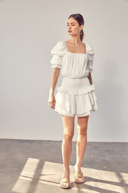 Puff Sleeve Smocked Waist Romper - KOKOTETE
