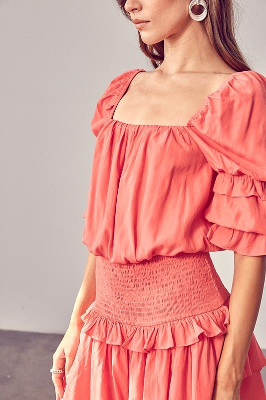 Puff Sleeve Smocked Waist Romper - KOKOTETE