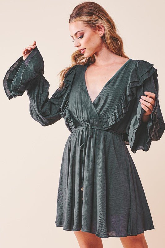 Ruffle Surplice Tied Mini Dress - KOKOTETE