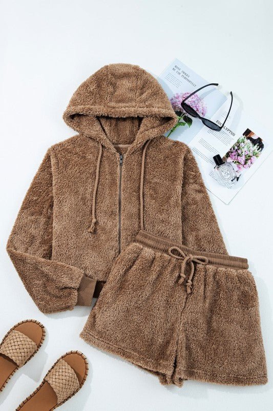 Sherpa Zip - Up Hoodie and Drawstring Shorts Set - KOKOTETE