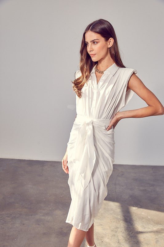 Sleeveless Button Front Tie Dress - KOKOTETE