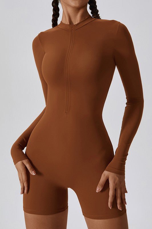 Solid zippered long - sleeved sports jumpsuit - KOKOTETE