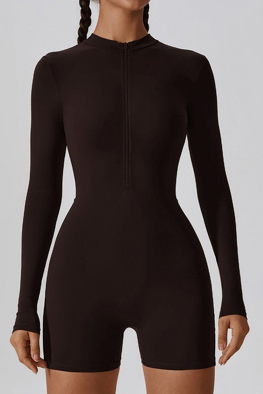 Solid zippered long - sleeved sports jumpsuit - KOKOTETE