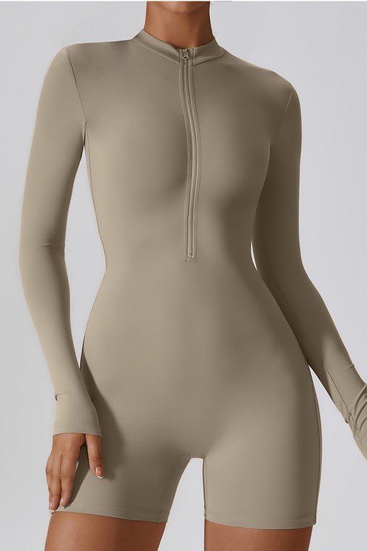Solid zippered long - sleeved sports jumpsuit - KOKOTETE