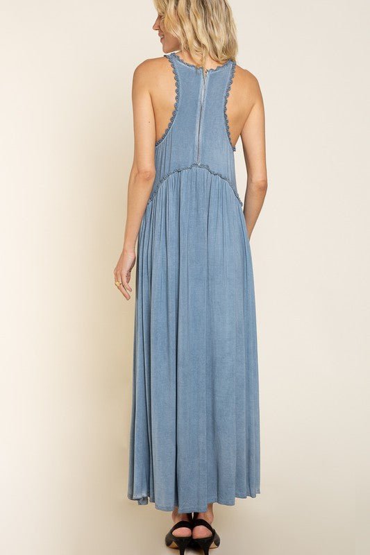 Stone Washed Side Slit Cut Out Maxi Dress - KOKOTETE