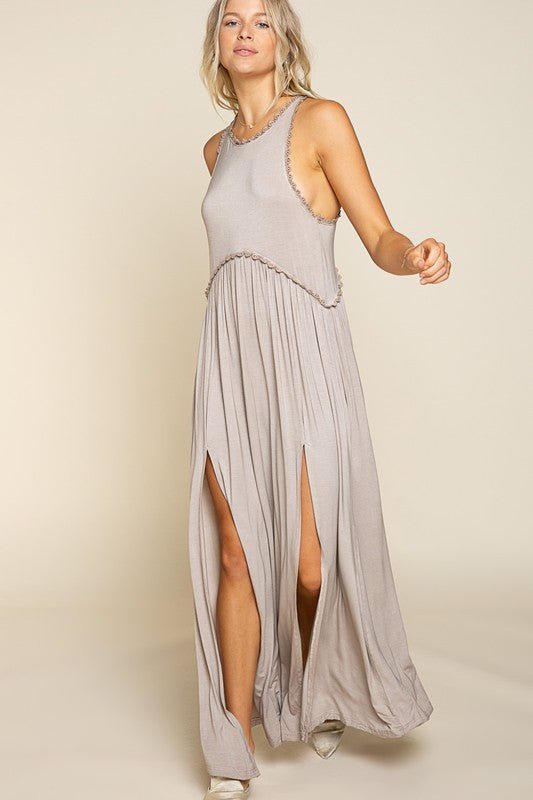 Stone Washed Side Slit Cut Out Maxi Dress - KOKOTETE