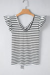Stripe Butterfly Sleeve V Neck Knot Back T Shirt - KOKOTETE