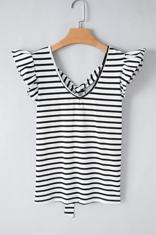 Stripe Butterfly Sleeve V Neck Knot Back T Shirt - KOKOTETE
