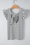 Stripe Butterfly Sleeve V Neck Knot Back T Shirt - KOKOTETE