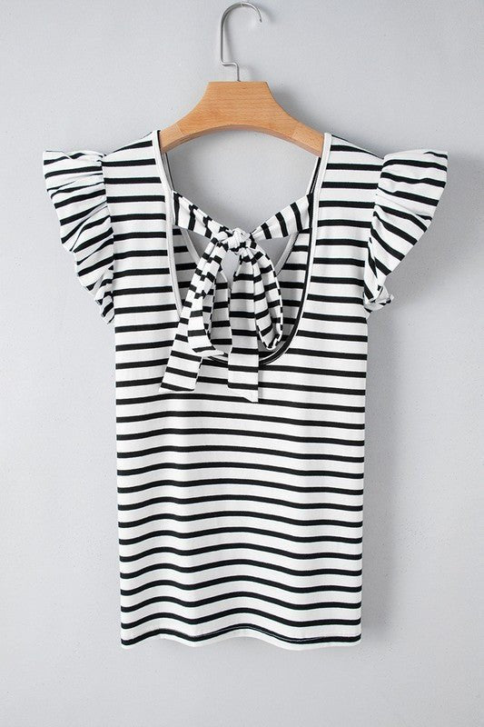 Stripe Butterfly Sleeve V Neck Knot Back T Shirt - KOKOTETE