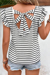 Stripe Butterfly Sleeve V Neck Knot Back T Shirt - KOKOTETE